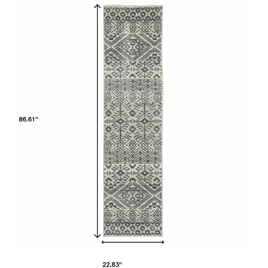 Blue And Beige Geometric Power Loom Stain Resistant Runner Rug Photo 9