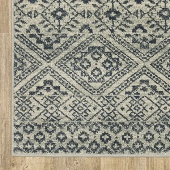 Blue And Beige Geometric Power Loom Stain Resistant Runner Rug Photo 6