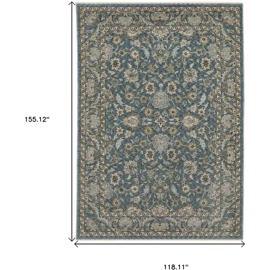 Blue And Beige Oriental Area Rug With Fringe Photo 3