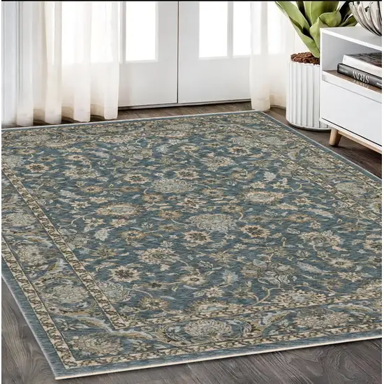 Blue And Beige Oriental Area Rug With Fringe Photo 1