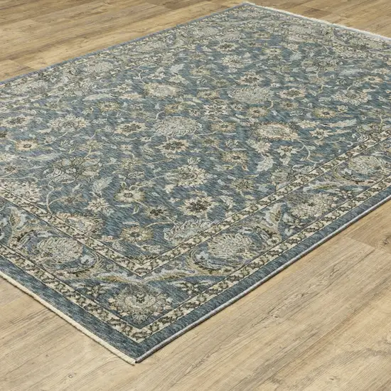 Blue And Beige Oriental Area Rug With Fringe Photo 4