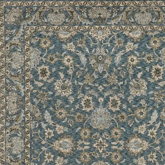 Blue And Beige Oriental Area Rug With Fringe Photo 7