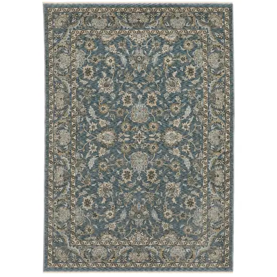 Blue And Beige Oriental Area Rug With Fringe Photo 2