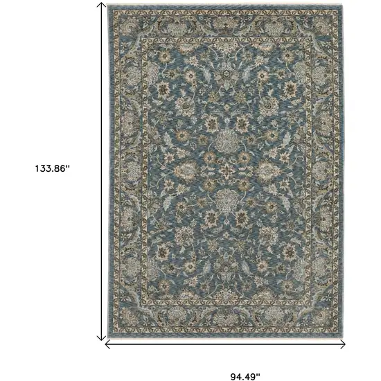 Blue And Beige Oriental Area Rug With Fringe Photo 3