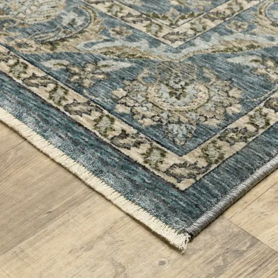 Blue And Beige Oriental Area Rug With Fringe Photo 9