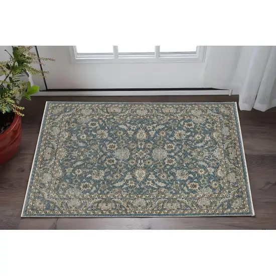 Blue And Beige Oriental Area Rug With Fringe Photo 1