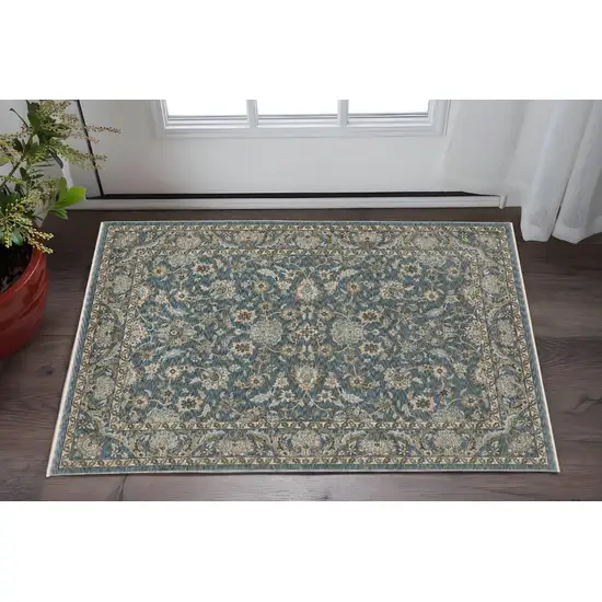 Blue And Beige Oriental Area Rug With Fringe Photo 1