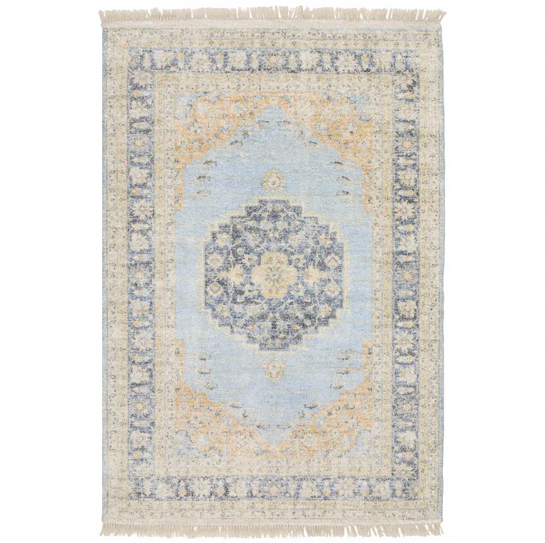 Blue And Beige Oriental Hand Loomed Stain Resistant Area Rug With Fringe Photo 1