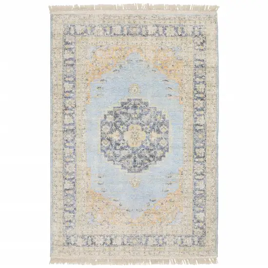 Blue And Beige Oriental Hand Loomed Stain Resistant Area Rug With Fringe Photo 1