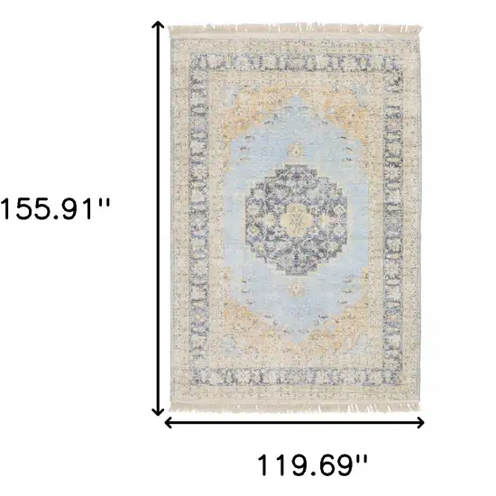 Blue And Beige Oriental Hand Loomed Stain Resistant Area Rug With Fringe Photo 10