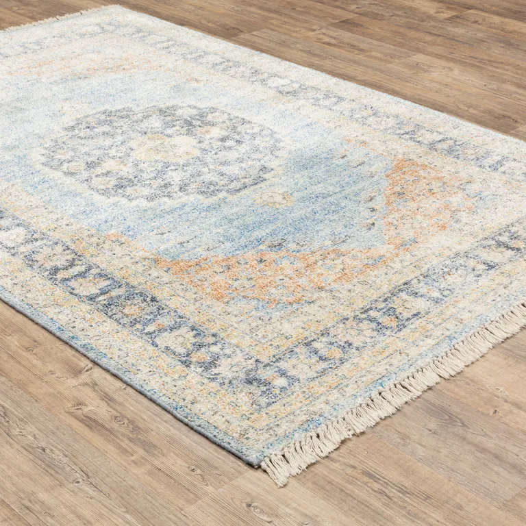 Blue And Beige Oriental Hand Loomed Stain Resistant Area Rug With Fringe Photo 5