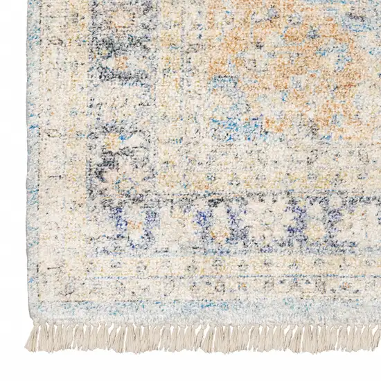 Blue And Beige Oriental Hand Loomed Stain Resistant Area Rug With Fringe Photo 2