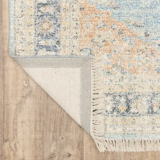 Blue And Beige Oriental Hand Loomed Stain Resistant Area Rug With Fringe Photo 7