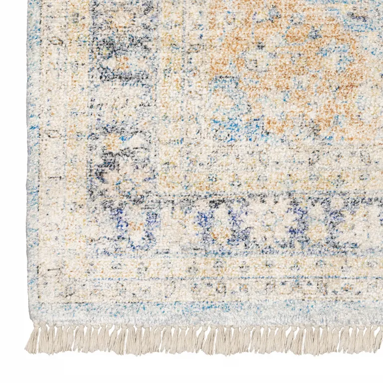 Blue And Beige Oriental Hand Loomed Stain Resistant Area Rug With Fringe Photo 2