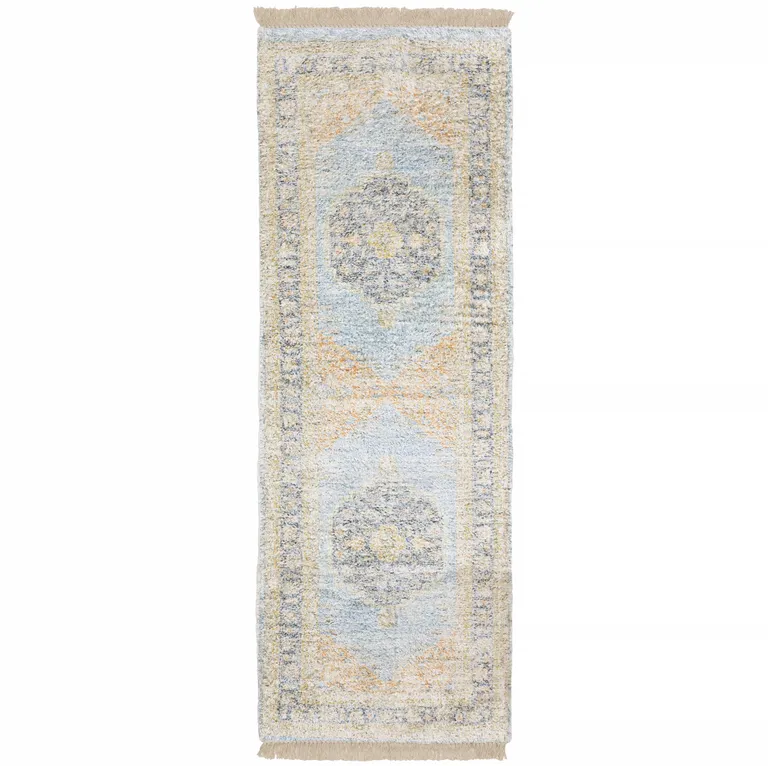 Blue And Beige Oriental Hand Loomed Stain Resistant Runner Rug With Fringe Photo 1