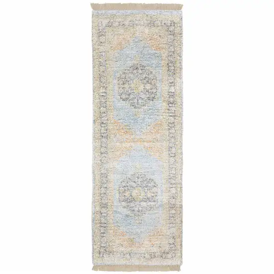 Blue And Beige Oriental Hand Loomed Stain Resistant Runner Rug With Fringe Photo 2