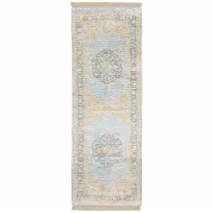 Photo of Blue And Beige Oriental Hand Loomed Stain Resistant Runner Rug With Fringe