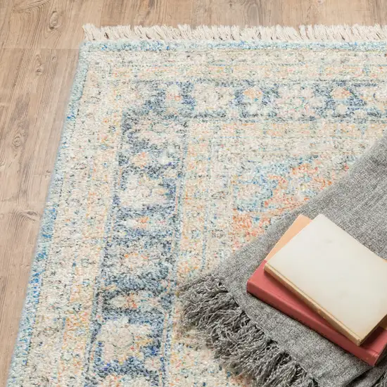 Blue And Beige Oriental Hand Loomed Stain Resistant Runner Rug With Fringe Photo 5