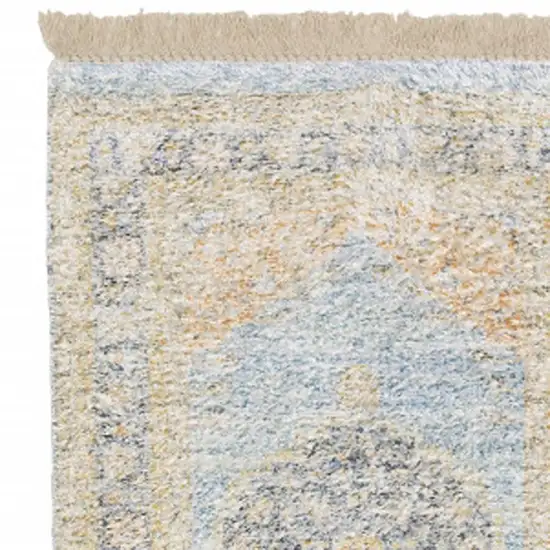 8' Blue and Beige Oriental Hand Loomed Runner Rug With Fringe Photo 5