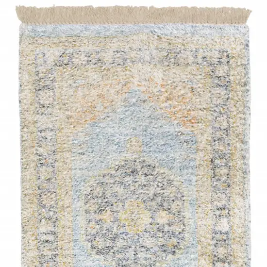 8' Blue and Beige Oriental Hand Loomed Runner Rug With Fringe Photo 4