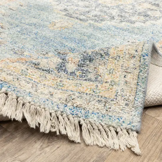 Blue And Beige Oriental Hand Loomed Stain Resistant Runner Rug With Fringe Photo 7