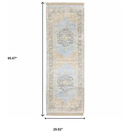 8' Blue and Beige Oriental Hand Loomed Runner Rug With Fringe Photo 3