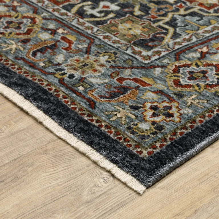 Blue And Beige Oriental Power Loom Runner Rug With Fringe Photo 5