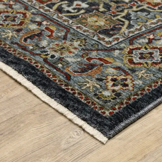 Blue And Beige Oriental Power Loom Runner Rug With Fringe Photo 5