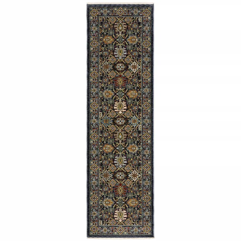 Blue And Beige Oriental Power Loom Runner Rug With Fringe Photo 1