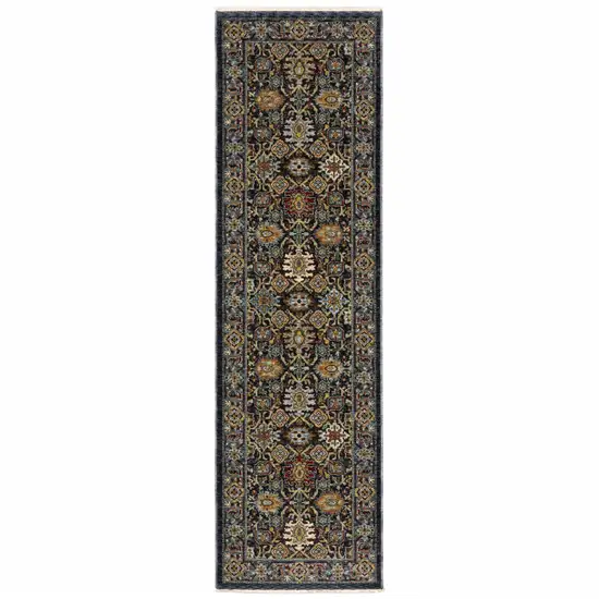 Blue And Beige Oriental Power Loom Runner Rug With Fringe Photo 1