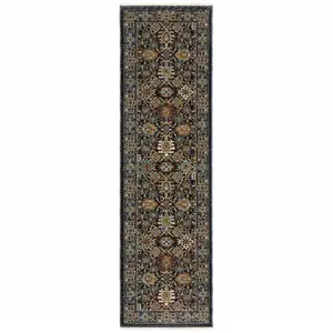 Photo of Blue And Beige Oriental Power Loom Runner Rug With Fringe