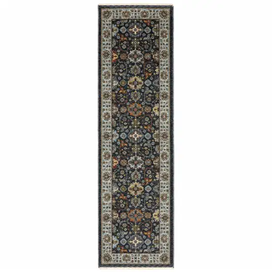 Blue And Beige Oriental Power Loom Runner Rug With Fringe Photo 1