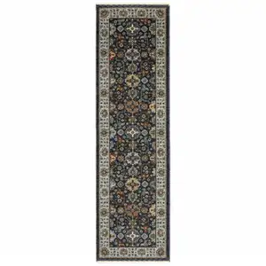 Photo of Blue And Beige Oriental Power Loom Runner Rug With Fringe