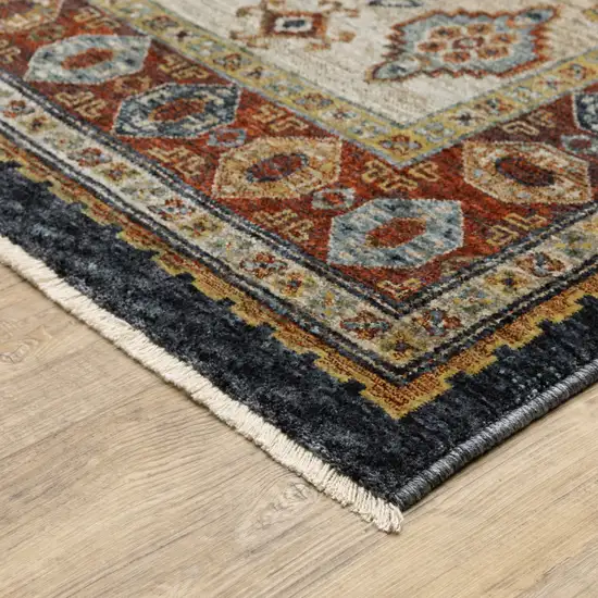 Blue And Beige Oriental Power Loom Runner Rug With Fringe Photo 6