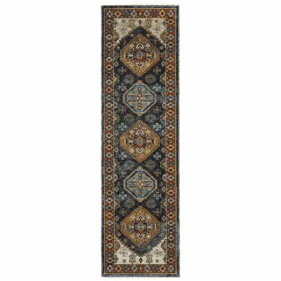 Blue And Beige Oriental Power Loom Runner Rug With Fringe Photo 1