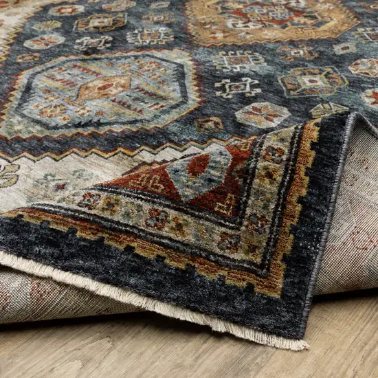 Blue And Beige Oriental Power Loom Runner Rug With Fringe Photo 8