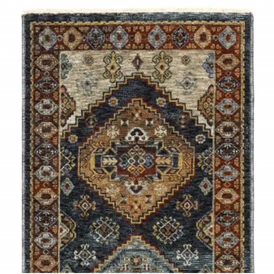 2' X 8' Blue And Beige Oriental Power Loom Runner Rug With Fringe Photo 7