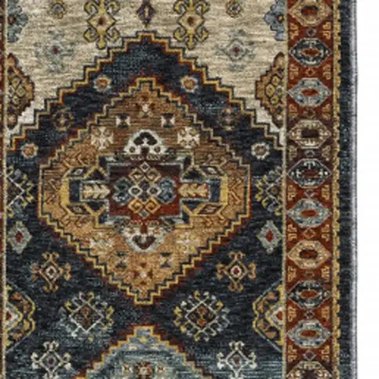 2' X 8' Blue And Beige Oriental Power Loom Runner Rug With Fringe Photo 6