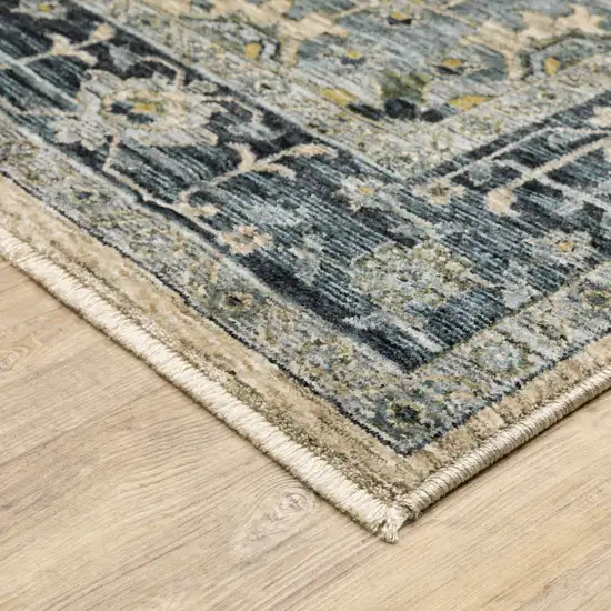 Blue And Beige Oriental Power Loom Runner Rug With Fringe Photo 5