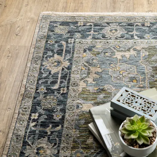 Blue And Beige Oriental Power Loom Runner Rug With Fringe Photo 6