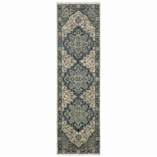 Blue And Beige Oriental Power Loom Runner Rug With Fringe Photo 1