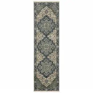 Photo of Blue And Beige Oriental Power Loom Runner Rug With Fringe