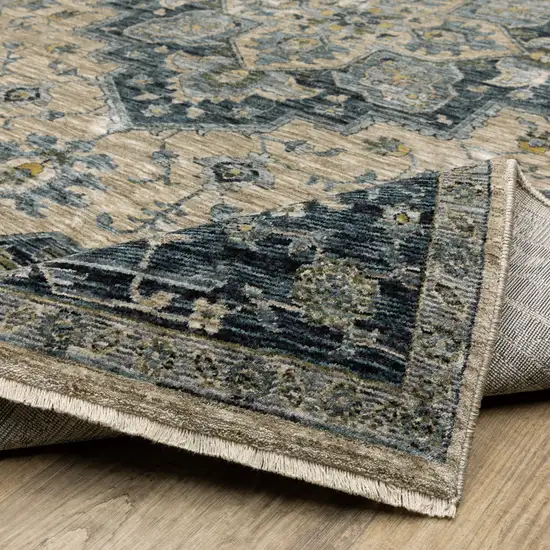 Blue And Beige Oriental Power Loom Runner Rug With Fringe Photo 9