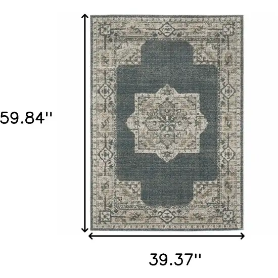 Blue and Beige Oriental Power Loom Area Rug Photo 3