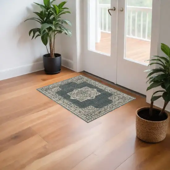 Blue and Beige Oriental Power Loom Area Rug Photo 1