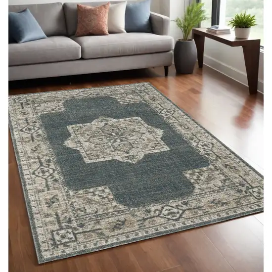 Blue and Beige Oriental Power Loom Area Rug Photo 1