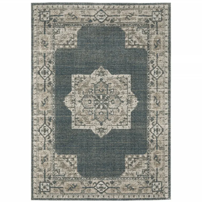 Blue And Beige Oriental Power Loom Stain Resistant Area Rug Photo 2