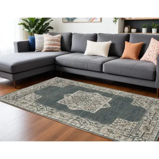 Blue and Beige Oriental Power Loom Area Rug Photo 1