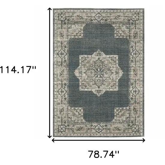 Blue and Beige Oriental Power Loom Area Rug Photo 3