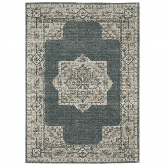 Blue And Beige Oriental Power Loom Stain Resistant Area Rug Photo 2